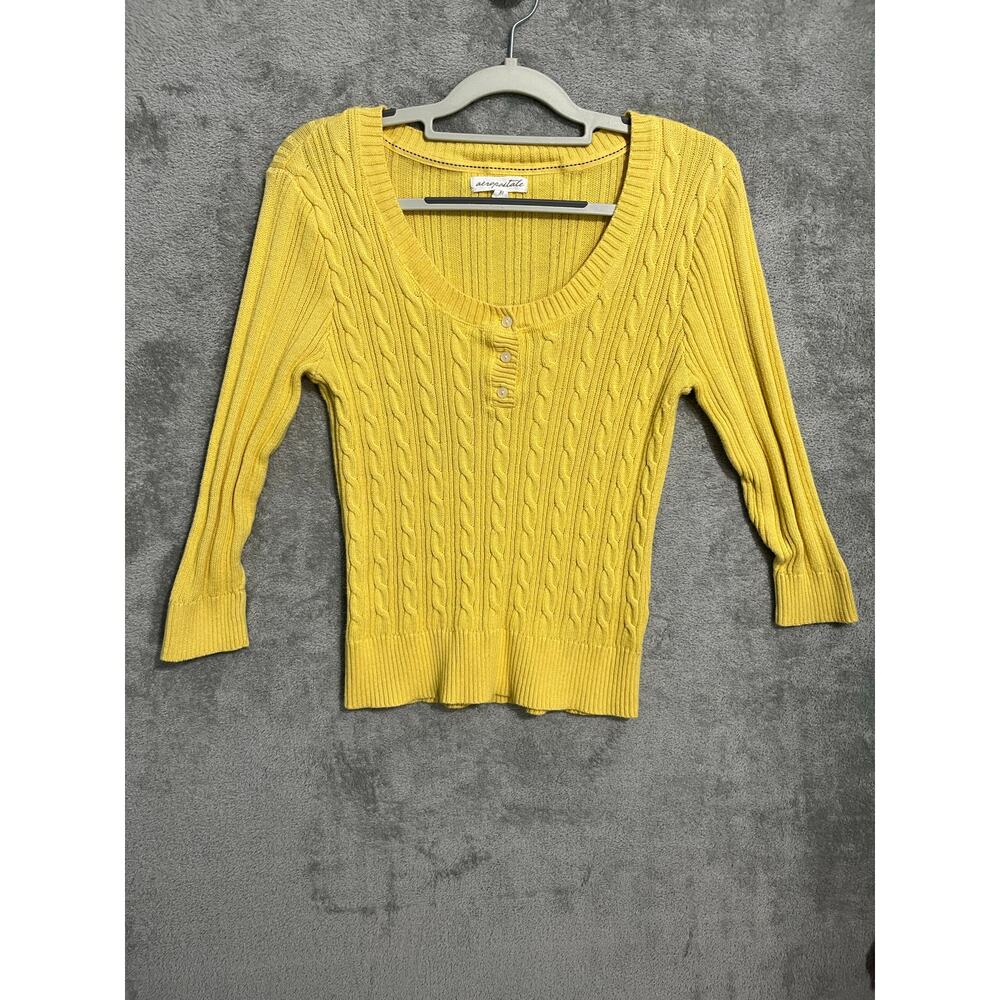 Y2K Aeropostale Butter Yellow Cable Knit Sweater Medium 3/4 Sleeve Preppy Twee
